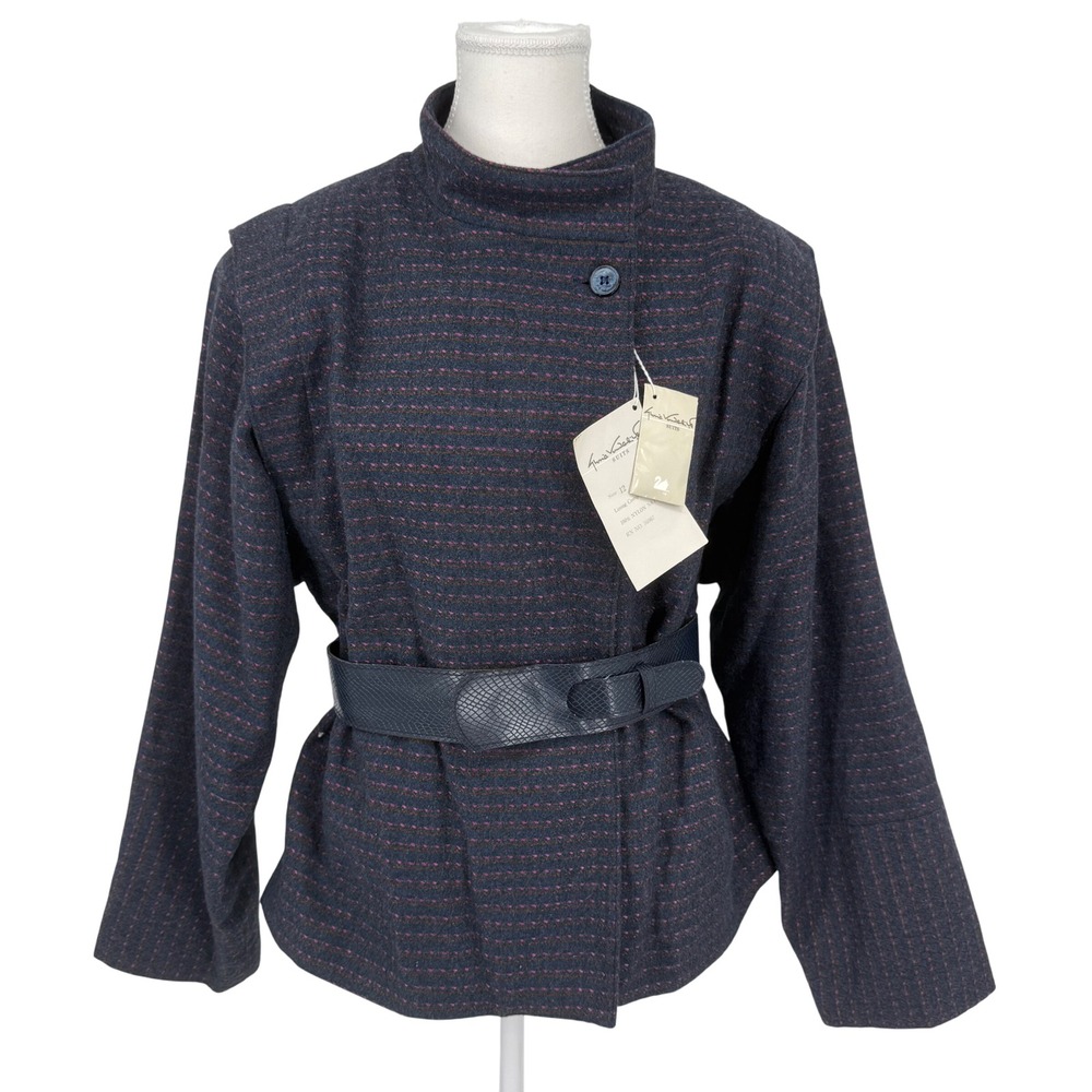NWT Vintage Gloria Vanderbilt Wool Jacket Navy Pink‎ Belted Size 12